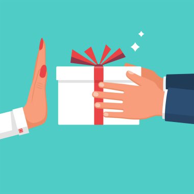 Kadın hediyeyi reddediyor. Teklifi reddediyorum. Elinde kurdeleli bir hediye kutusu tutan adam. Jest teklifi reddediyor. Vektör illüstrasyon düz tasarım.