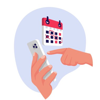 Smartphone üzerinde planlama. Mark takvim. Bir işadamı ile ay için planı elinde telefon. Organizatör. Vektör çizim. Düz tasarım stili.