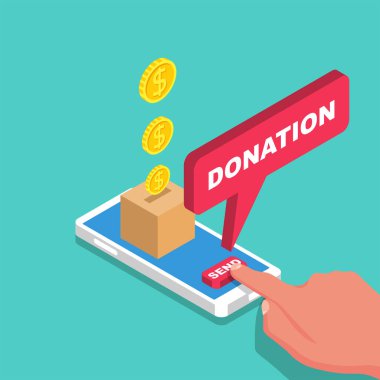 Donate money with a mobile phone. Online payment with smartphone. Charity, donation. Vector illustration isometric design. Isolated on white background.