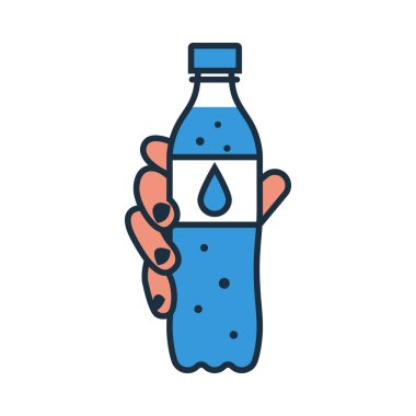 Bir adamın elinde tuttuğu bir şişe su. Siyah çizgi simgesi. Vektör çizimi düz tasarım. Beyaz arka planda izole edilmiş. Temiz maden suyu şişesi. Konteyner aqua.