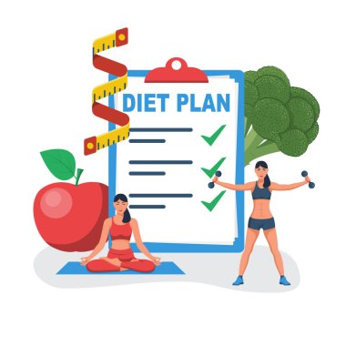 Diyet planı kontrol listesi. Egzersiz ve sağlıklı beslenme. Spor aktiviteleri. Meyve ve sebzelerle diyet yapmayı planlıyorum. Sağlıklı yaşam tarzı, fitness yogası. Kilo vermek için besin. Vektör illüstrasyonu.