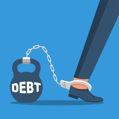 Borç konsepti. İşadamı büyük borçlarla sınırlıdır. Finansal kriz, ekonomik kriz, finansal kriz. Vektör çizimi düz tasarım. Beyaz bir arkaplanda izole edilmiş. 