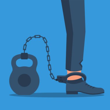 İşadamı bacağı büyük bir ağırlıkla zincirlenmiştir. Borç sembolü olarak büyük yük, kalkınmada bir sınırlama. Kurumsal kölelik kavramı. Vektör çizimi düz tasarım. Beyaz arkaplanda izole. 