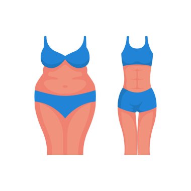 Koca göbek, mükemmel bel. Atletik vücut. Dönüşüm vücudu. Antrenman ve spor. Kilo verme süreci. Kızın vücut karikatürü ikonu. Vektör illüstrasyon düz tasarım. 