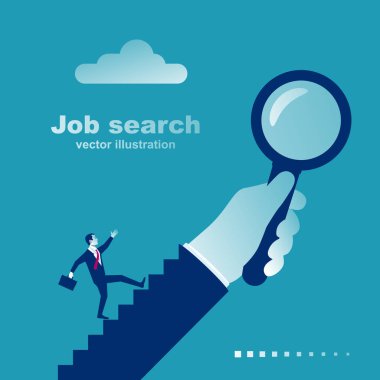 Search for a new job. Businessman is looking work. Magnifying glass in the hands of man. Search for new opportunities. Vector illustration cartoon design. Vision future concept.