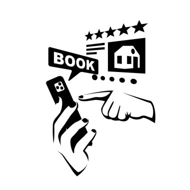 Online rezervasyon konsepti. Müşteri, arka plandaki büyük şehre karşı kiralık konut başvurusuyla telefonu elinde tutuyor. Vektör çizimi düz tasarım. Beyaz arkaplanda izole.