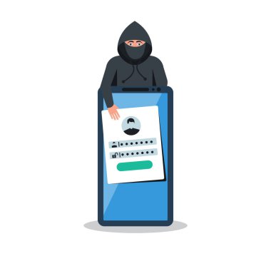 Hacklenmiş hesap. Dolandırıcı kişisel bilgileri çalıyor. Hesap hırsızlığı. Hacker telefondan veri çalıyor. Vektör çizimi düz tasarım. Kişisel bilgi kaybı.