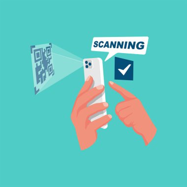 Tarama Qr kodu üstünde hareket eden telefon. Modern dijital teknoloji. Akıllı kart hızlı kodu ile tarama. Vektör çizim düz tasarımı. Arka plan üzerinde izole.