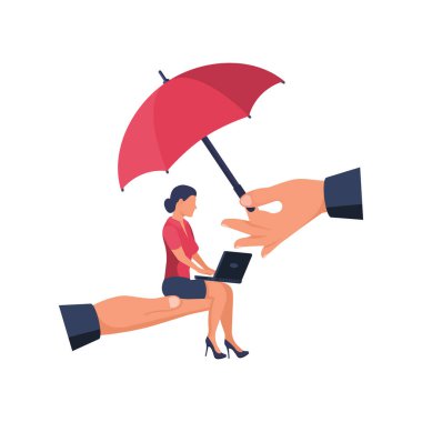 İşçilerin korunması. Çalışan bakımı. Profesyonel destek. Bir kişi koruma altında çalışır. Şemsiye ve çalışan. Vektör çizimi düz tasarım. Beyaz arkaplanda izole.