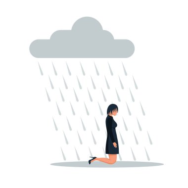 Yağmurda diz çöken üzgün iş kadını. Bulut ve yağmur. Vektör çizimi düz tasarım. Beyaz bir arka planda izole edilmiş. Mutsuz kadın.