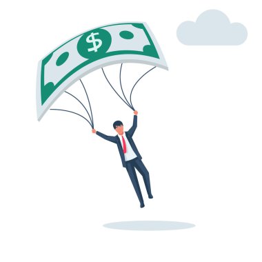 İş adamı bir dolar paraşütle uçar. Başarı kavramı. Uçan banknot. İş adamları hedeflerine ulaşıyor. Sınırları olmayan özgür bir hayat. Vektör illüstrasyon düz tasarım. 