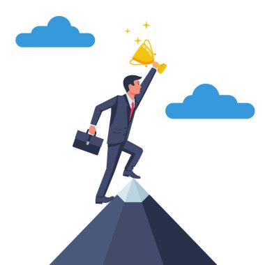 Elde kupa kazanmak, insan. Başarının, kazanmanın ve azmin sembolü. Hedefe ulaş. Altın kupa. Başarı için motivasyon. Başarılı insanlar kavramı. Vektör illüstrasyon düz tasarım.