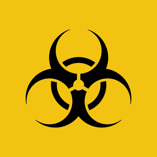Значок биологической опасности. Осторожно, биологическая опасность. Предупреждающий признак вируса на желтом фоне. Черный символ биологической опасности. Векторная иллюстрация. 