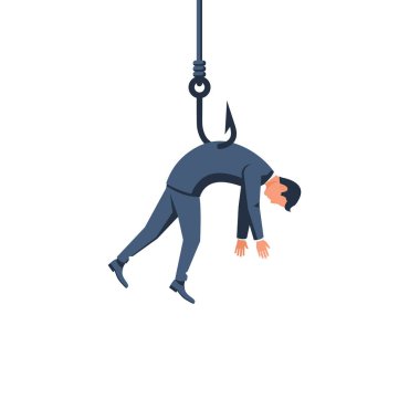 İş adamı oltaya geldi. İnsan oltaya takıldı. İş yemi. Adam bir tuzağa yakalanmıştı. Vektör çizimi düz tasarım. Beyaz arkaplanda izole.