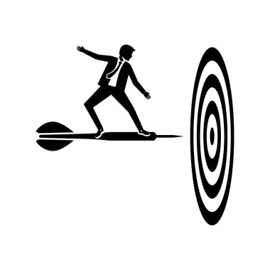 İş hedefe ulaşmak için Evrak Çantası'nı ayakta dart ile işadamı kavramı. İş amacı. Vektör çizim düz tasarımı. Görev elde etmek için akıllı bir çözüm. Yön zafer. Hedefe nişan.