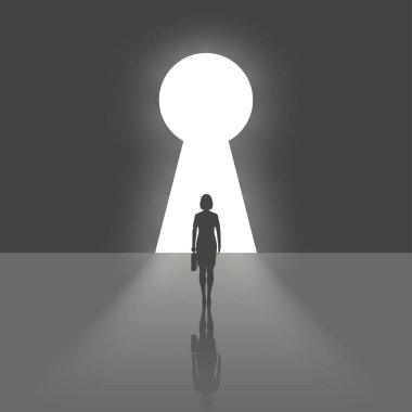 Takım elbise ayakta anahtar deliği önünde işkadını siluet. Sorun iş kavramı çözüm. Erkek açık fırsatların görünüyor. Git hedefe yürümek. Vektör çizim düz tasarımı.
