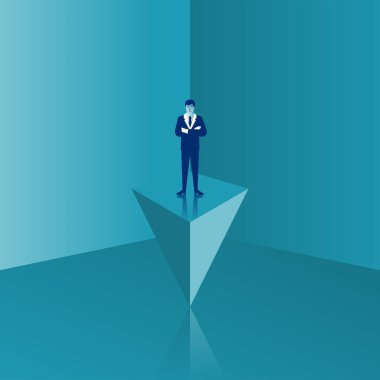 İş adamı dengesini korur. Bir adam piramidin üzerinde duruyor ve dengesini koruyor. İş riski metaforu. Eşitlik, zihinsel istikrar. Vektör düz tasarım. Beyaz arkaplanda izole.