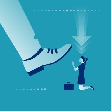 Kadın büyük patronun önünde diz çöküyor. İş lideri. Liderlik kavramı. Vektör çizimi düz tasarım. Beyaz arkaplanda izole.