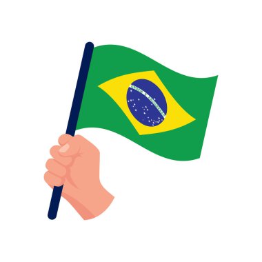 Brezilya bayrağı elinde tutan. Brezilya Bağımsızlık günü 7 Eylül. Vektör çizim düz tasarımı. Beyaz arka plan üzerinde izole. Ulusal tatil. Her yıl kutladı. Rüzgarda dalgalanan bayrak.