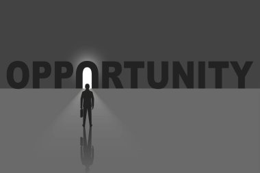 Opportunity concept. The businessman faces great opportunities. The beginning of a new path. Light from the door. Bright future. Vector flat design.