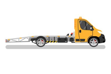 Çekici. Acil durum yol yardımı. Araç yol yardımları. Araban için boş platform. Vektör çizimi düz tasarım. Beyaz arkaplanda izole.
