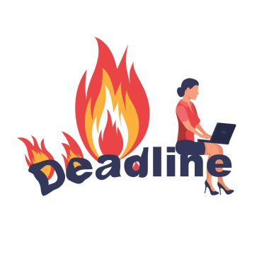 Teslim tarihi konsepti. Yakma işi. Acele et. Yanan bir kelimenin üzerinde oturan iş kadını. Son teslim tarihinin sembolü. İşi zamanında bitir. Vektör çizimi düz tasarım. Beyaz bir arkaplanda izole edilmiş.