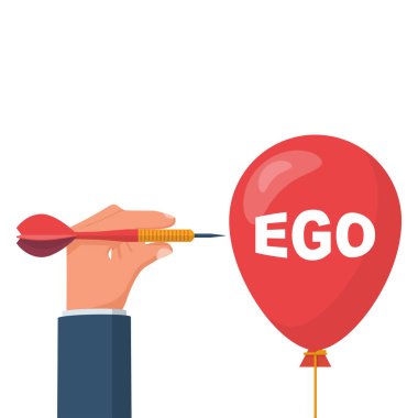 Ego konsepti. Mesajlı kırmızı balon ve elinde iğne olan adam. İnsan egoizmin üstesinden gelmeye çalışır. Vektör çizimi düz tasarım. Beyaz arkaplanda izole.