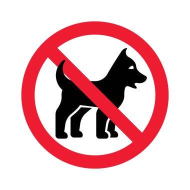 Köpek yok. Köpek gezdirmek yasaktır. Kırmızı yasaklama işareti. İzin yok. Evcil hayvan sembolünü durdurun. Yasak ikon piktogramı. Uyarı ve dikkat. Vektör çizimi düz tasarım. Beyaz arkaplanda izole.