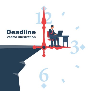 Teslim tarihi konsepti. İş adamı uçurumun üstünde büyük bir saatin üzerinde oturuyor. Adamın işi bitirmek için zamanı yok ki. Zaman kavramını durdur. İş metaforu. Vektör illüstrasyon düz tasarım.