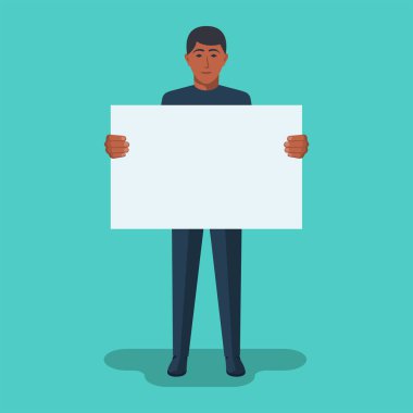 Pankartlı bir adam. Beyaz kâğıt işadamının elinde. El çizimi stili. Terfi için basit bir reklam panosu. Vektör çizimi düz tasarım. Beyaz arkaplanda izole.