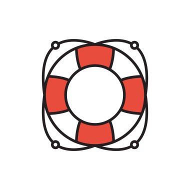 Can simidi halkası. Lifebuoy Deniz Güvenliği. Beyaz çizgili kırmızı can simidi ve beyaz arka planda bir ip. Kurtarma kemeri. Güvenlik koruyucusu. Vektör illüstrasyon düz tasarım.