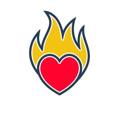 Yanan Kalp ikonu. Yanan kalp logosu. Vektör çizimi düz tasarım. Beyaz arkaplanda izole.