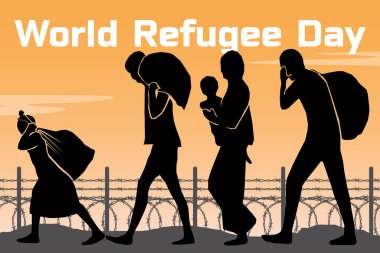 Dünya mülteci günü için mülteci silueti. Dünya mülteci günü için mülteci silueti. Gündoğumunda Dünya Mülteci Günü silueti.