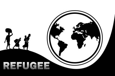 Mülteci ve dünya silueti. Mültecinin siyah beyaz çizimi. Dünya mülteci gününün gösterimi.