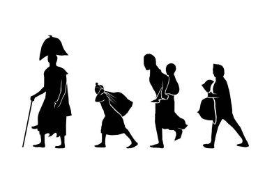 Mülteci silueti. Dünya mülteci gününün bir örneği. siyah beyaz mülteci simgesi.