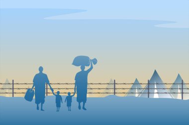 Mülteci silueti. Dünya mülteci gününün bir örneği. Mülteciler savaştan kaçarlar..