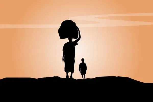 stock vector silhouette of refugee. illustration of world refugee day. refugees walk out of town.