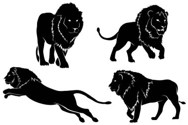 Beyaz arka planda izole edilmiş aslan silueti. Aslan silueti koleksiyonu