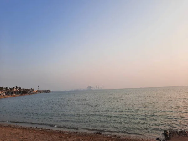 Avond Uitzicht Zonsondergang Van Jeddah Strand Erg Mooi Menigten Mensen — Stockfoto