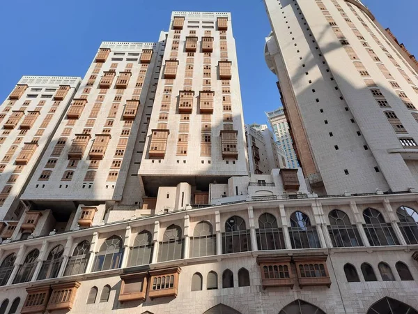Gyönyörű Kilátás Lakóépületek Szállodák Előtt Masjid Haram Mekka Szaúd Arábia — Stock Fotó