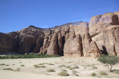 El-Ula, Suudi Arabistan 'daki Madain Saleh arkeolojik sahasının güzel gündüz manzarası.