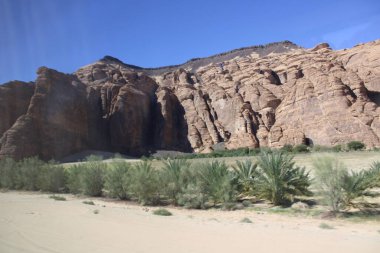 El-Ula, Suudi Arabistan 'daki Madain Saleh arkeolojik sahasının güzel gündüz manzarası.