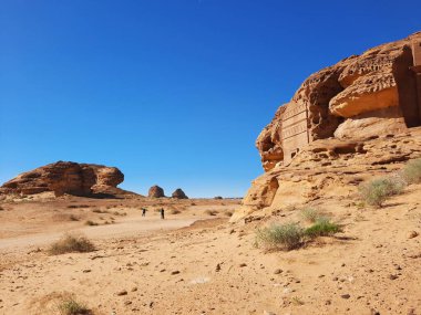 El-Ula, Suudi Arabistan 'daki Madain Saleh arkeolojik sahasının güzel gündüz manzarası.