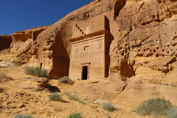 Gyönyörű Nappali Kilátás Hegra Madain Saleh Régészeti Lelőhely Ula Szaúd — Stock Fotó