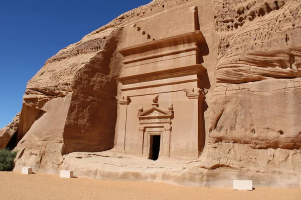Gyönyörű Nappali Kilátás Hegra Madain Saleh Régészeti Lelőhely Ula Szaúd — Stock Fotó