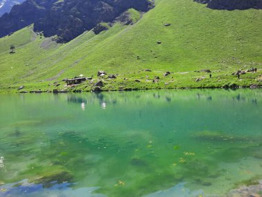 Beautiful daytime view of Rainbow Lake in Domel. Rainbow Lake is a beautiful lake surrounded by lush green mountains. Rainbow Lake  located near a village named Domel, far from Minimarg valley of Astore District, in Gilgit Baltistan, Pakistan. clipart