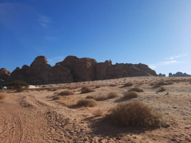 El Hegra 'nın arkeolojik alanındaki binlerce yıllık kayaların güzel manzarası, Suudi Arabistan' daki Madain Saleh. 