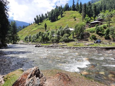  Kaşmir 'in Neelum Vadisi' ndeki Taobat Bala 'nın nefes kesici doğal güzelliği. Bu bölgede yemyeşil ağaçlarla, yüksek dağlarla ve ışıl ışıl akan pınarlarla dolu çarpıcı bir vadi var..