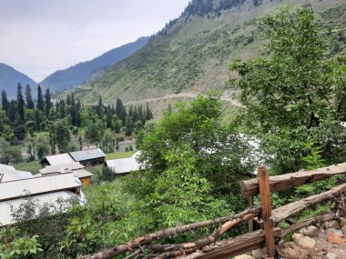  Kaşmir 'in Neelum Vadisi' ndeki Halmat köyünün göz kamaştırıcı bir perspektifi. Canlı yeşil ağaçlar, görkemli dağlar ve bol bitki örtüsü manzaralı bir manzara yaratır..