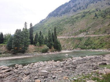   Kaşmir 'in Neelum Vadisi' ndeki Halmat köyünün göz kamaştırıcı bir perspektifi. Canlı yeşil ağaçlar, görkemli dağlar ve bol bitki örtüsü manzaralı bir manzara yaratır..